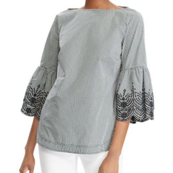 Lauren Ralph Lauren Top Black & White Gingham Embroidered Bell Sleeves PXS - Picture 1 of 5
